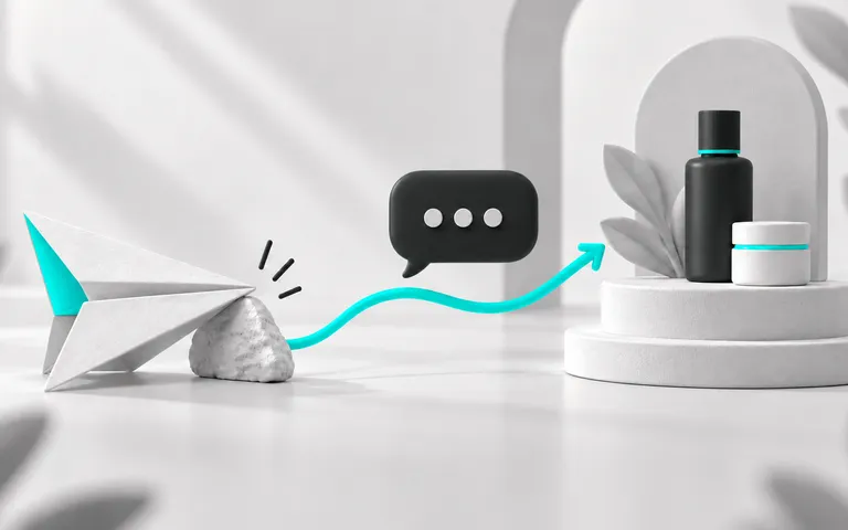 Avião de mensagem e balão de resposta conectados a uma vitrine.