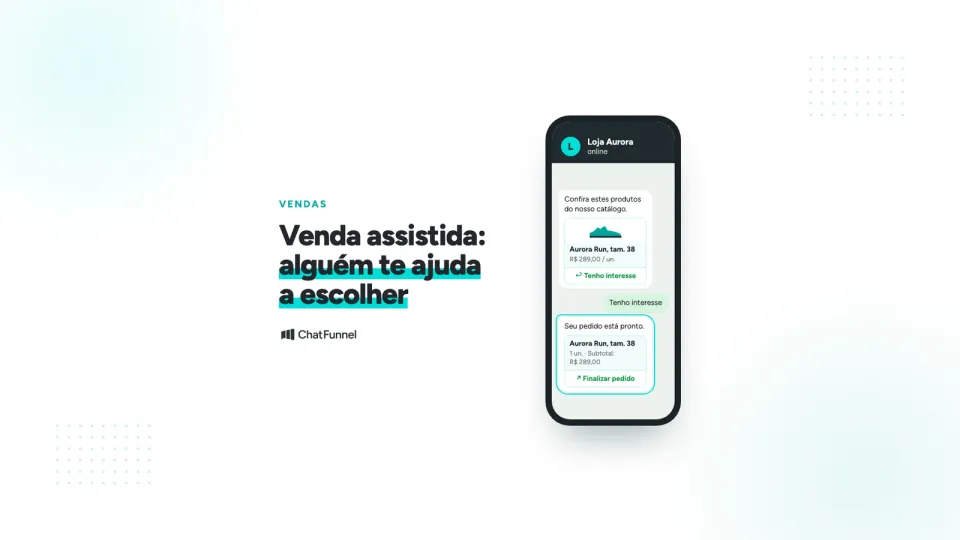 WhatsApp: a loja envia produtos do catálogo, o cliente toca em Tenho interesse e recebe o pedido para finalizar