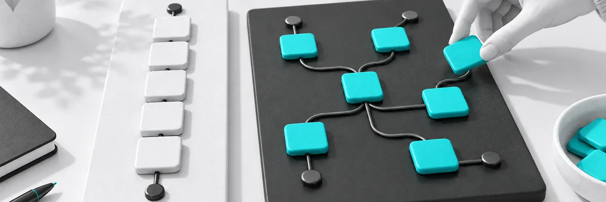 Mão acrescentando uma etapa a um fluxo de mensagens com caminhos flexíveis.