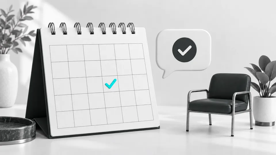 Calendário com um horário confirmado por mensagem ao lado de uma cadeira de espera.