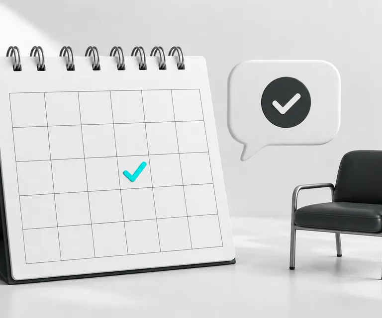 Calendário com um horário confirmado por mensagem ao lado de uma cadeira de espera.