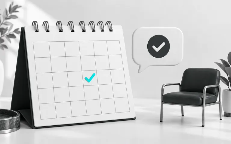 Calendário com um horário confirmado por mensagem ao lado de uma cadeira de espera.