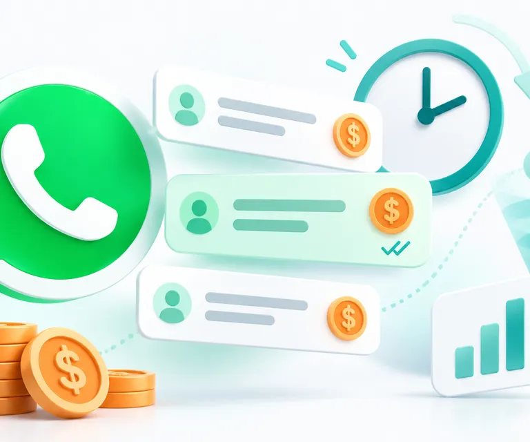Ilustração sobre a cobrança de respostas na API do WhatsApp, com mensagens, custo por envio e relógio de 24 horas.