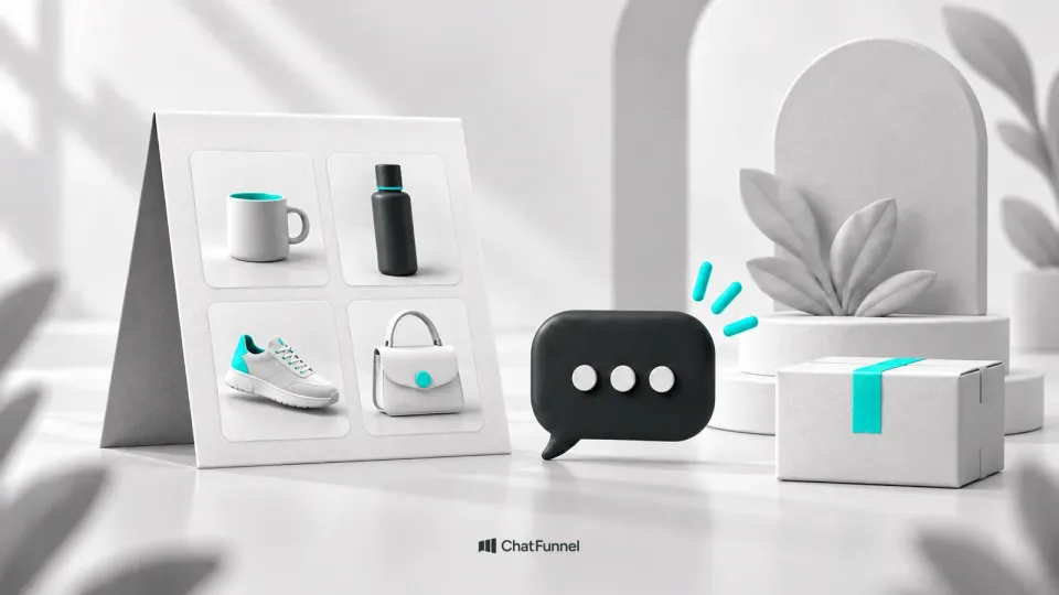 Quadro de produtos ao lado de um balão de conversa e uma caixa, representando o catálogo do WhatsApp Business, com o logo do ChatFunnel