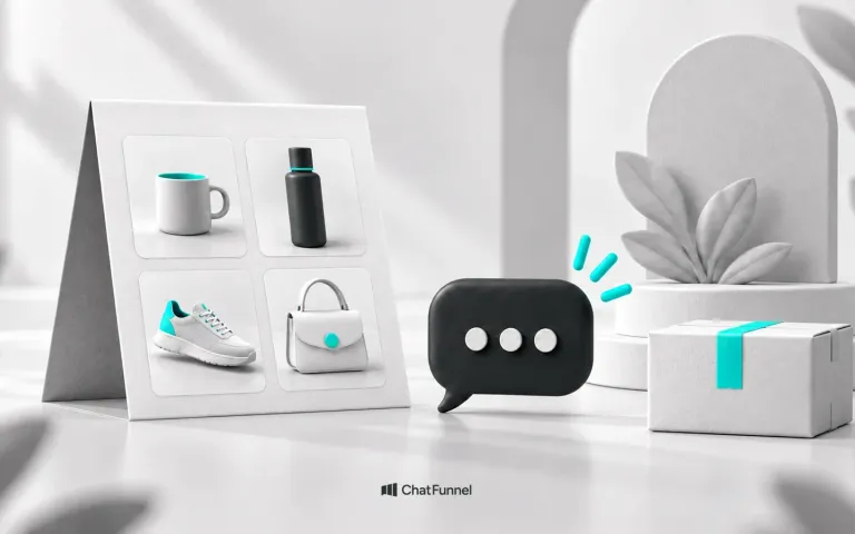 Quadro de produtos ao lado de um balão de conversa e uma caixa, representando o catálogo do WhatsApp Business, com o logo do ChatFunnel