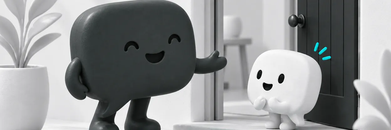 Dois balões de conversa junto a uma porta aberta.