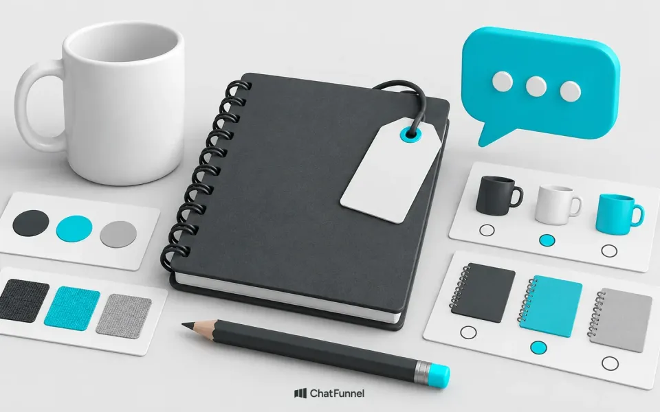 Caderno, caneca e cartões de cores ao lado de um balão de conversa.