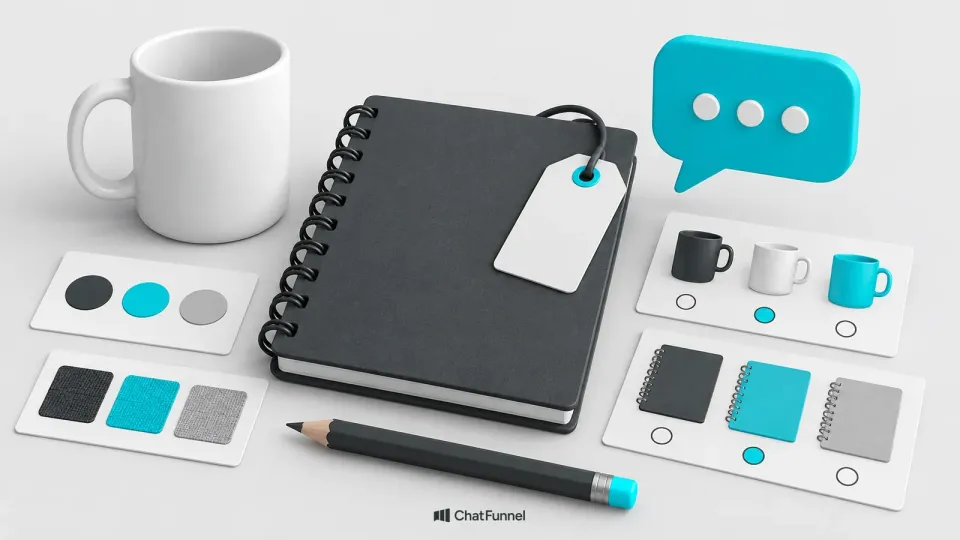 Caderno, caneca e cartões de cores ao lado de um balão de conversa.