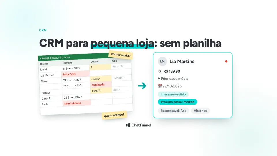 Planilha desorganizada de clientes ao lado do card de CRM de uma cliente com valor, prioridade, tags, responsável e próximo passo