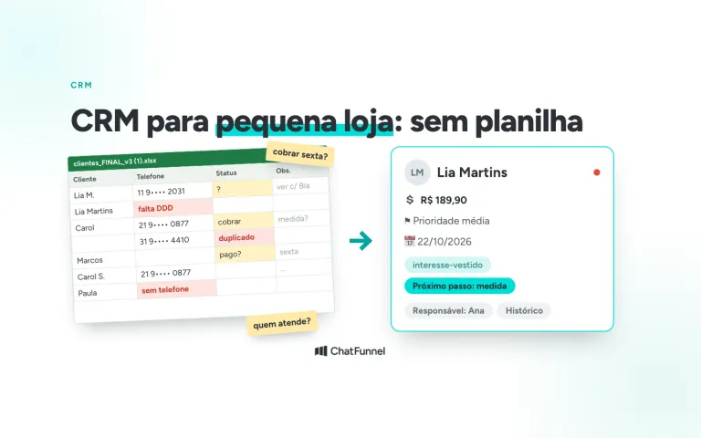 Planilha desorganizada de clientes ao lado do card de CRM de uma cliente com valor, prioridade, tags, responsável e próximo passo