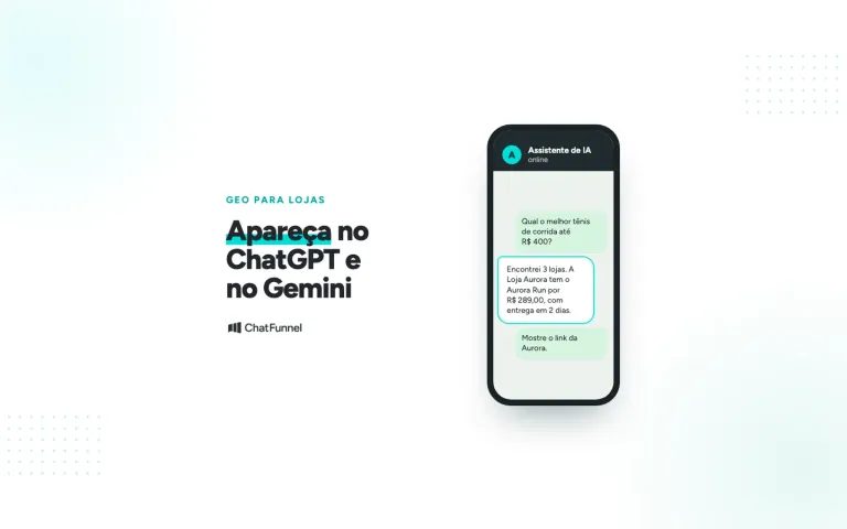 Celular com pergunta de compra a um assistente de IA e resposta que cita a Loja Aurora com link