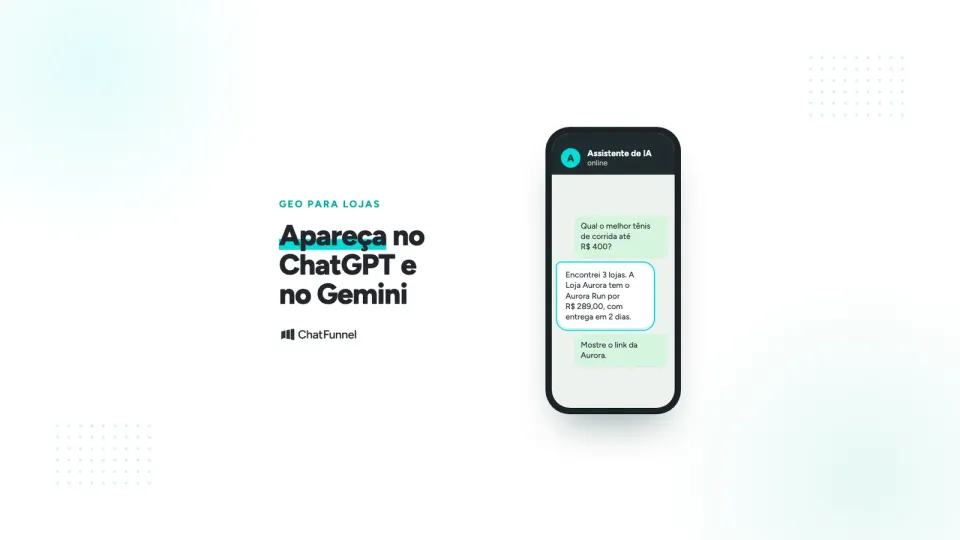 Celular com pergunta de compra a um assistente de IA e resposta que cita a Loja Aurora com link