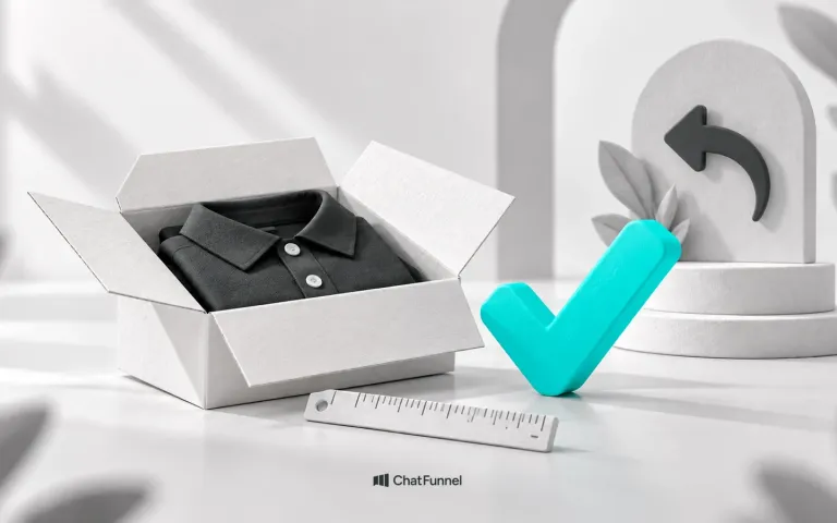 Caixa aberta com uma camisa polo, régua e símbolo de devolução, ilustrando a conferência do produto antes da compra.