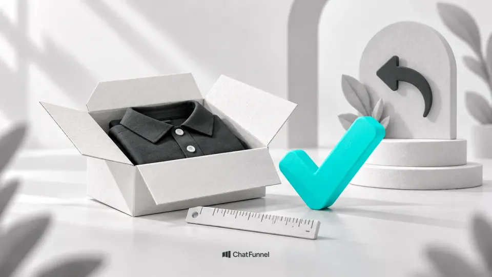 Caixa aberta com uma camisa polo, régua e símbolo de devolução, ilustrando a conferência do produto antes da compra.