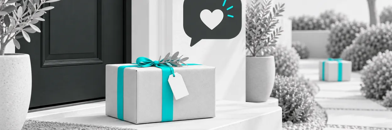Encomenda na porta acompanhada de mensagem e caminho para uma nova compra.