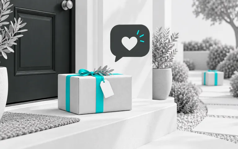 Encomenda na porta acompanhada de mensagem e caminho para uma nova compra.