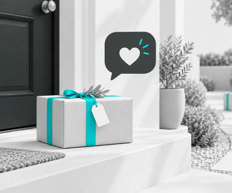 Encomenda na porta acompanhada de mensagem e caminho para uma nova compra.