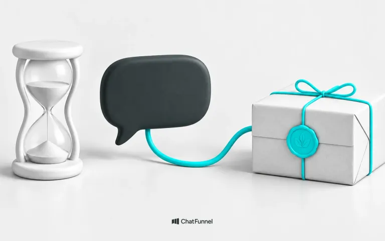 Balão de conversa ligado por um fio a um pacote de pedido, com uma ampulheta ao lado, simbolizando a automação de WhatsApp