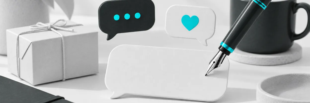 Caneta sobre cartões de conversa ao lado de uma embalagem de compra.