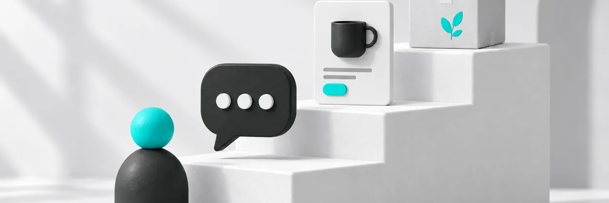 Etapas de atendimento com cliente, conversa, produto e encomenda.