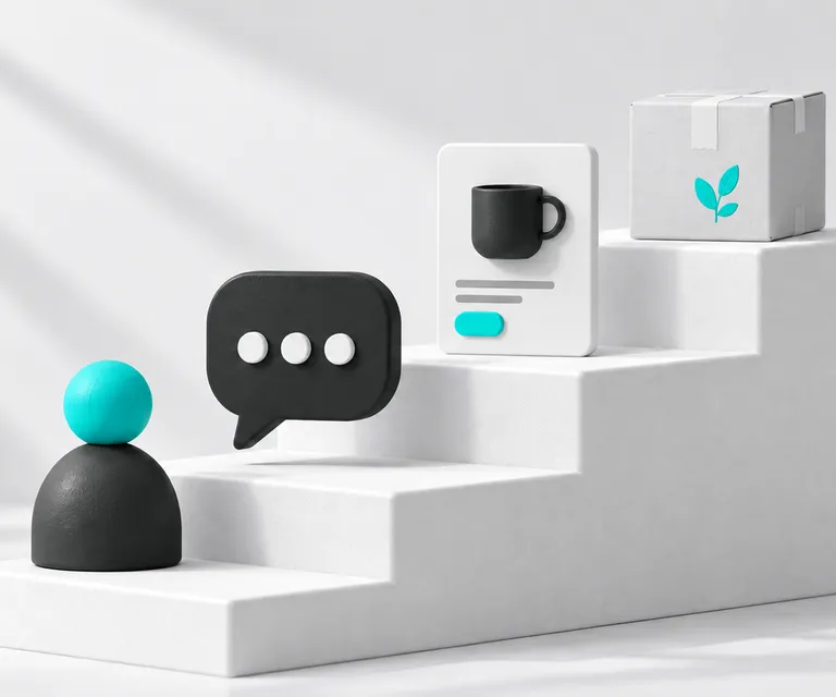 Etapas de atendimento com cliente, conversa, produto e encomenda.