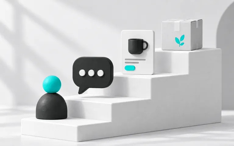 Etapas de atendimento com cliente, conversa, produto e encomenda.