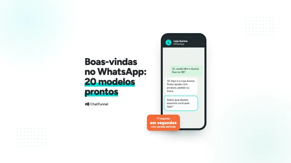 Celular com a Loja Aurora respondendo em segundos: boas-vindas no WhatsApp com 20 modelos prontos para a loja
