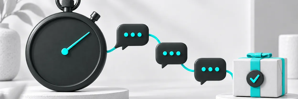 Cronômetro sem números ao lado de uma sequência curta de conversas.