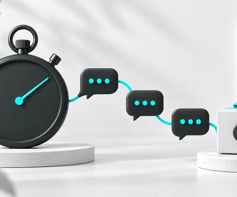Cronômetro sem números ao lado de uma sequência curta de conversas.