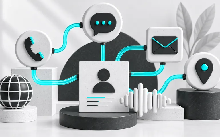 Balões de conversa conectados a uma ficha de cliente e a uma forma de áudio.