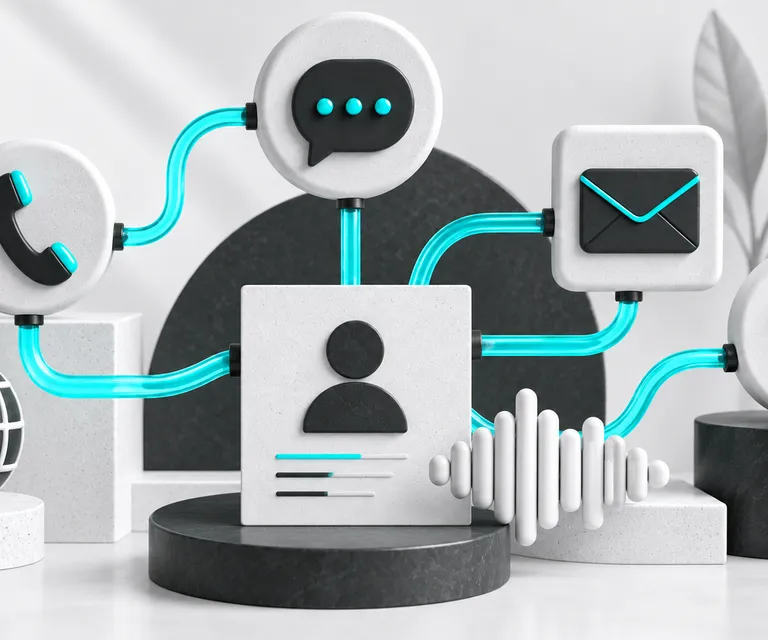 Balões de conversa conectados a uma ficha de cliente e a uma forma de áudio.