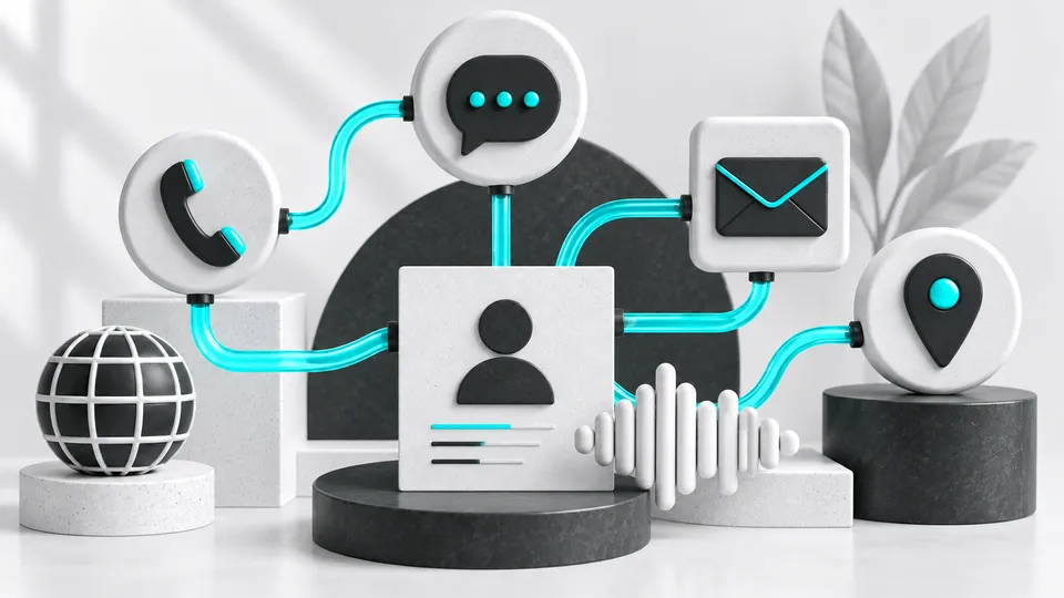 Balões de conversa conectados a uma ficha de cliente e a uma forma de áudio.