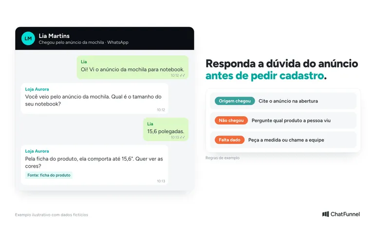 Conversa de WhatsApp em que a loja cita o anúncio da mochila e pergunta o tamanho do notebook antes de pedir cadastro