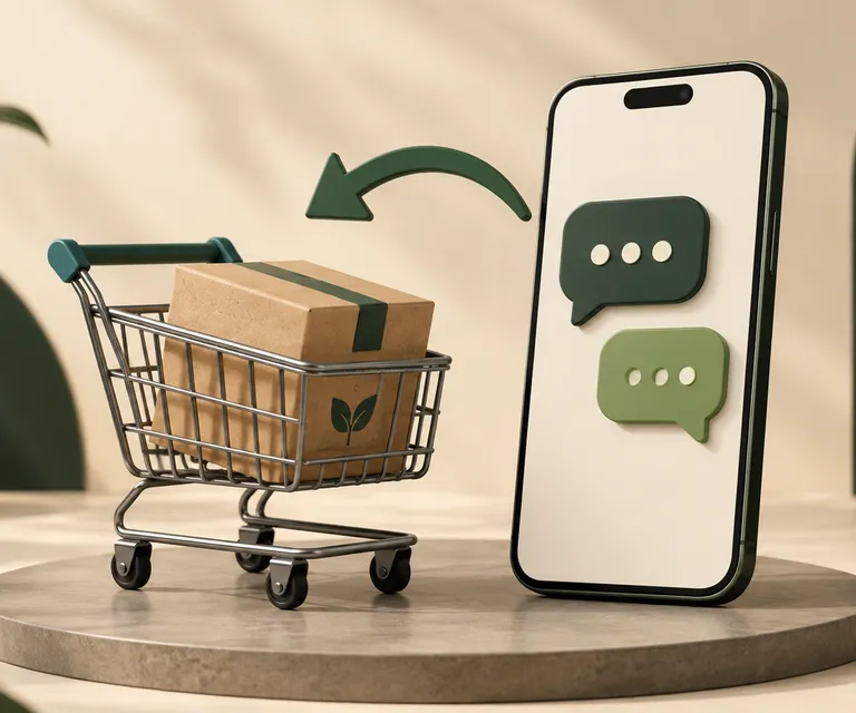 Carrinho com uma encomenda ao lado de um celular com balões de conversa e uma seta de retorno.