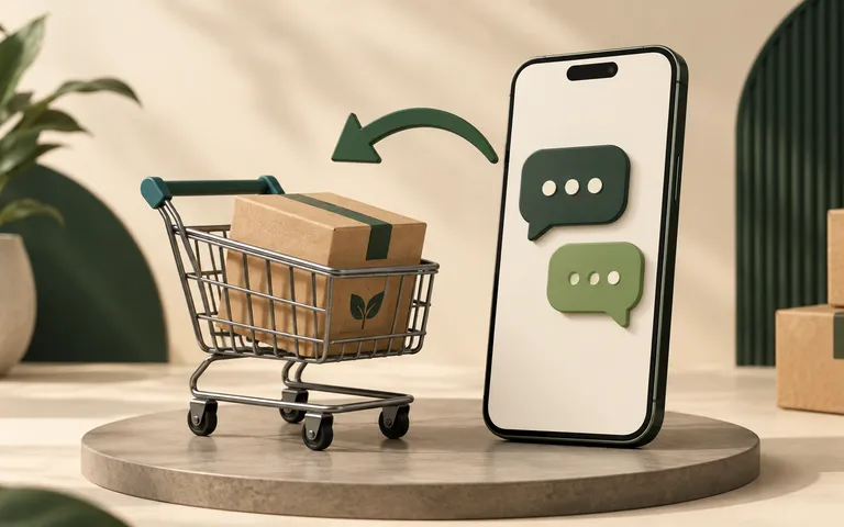 Carrinho com uma encomenda ao lado de um celular com balões de conversa e uma seta de retorno.