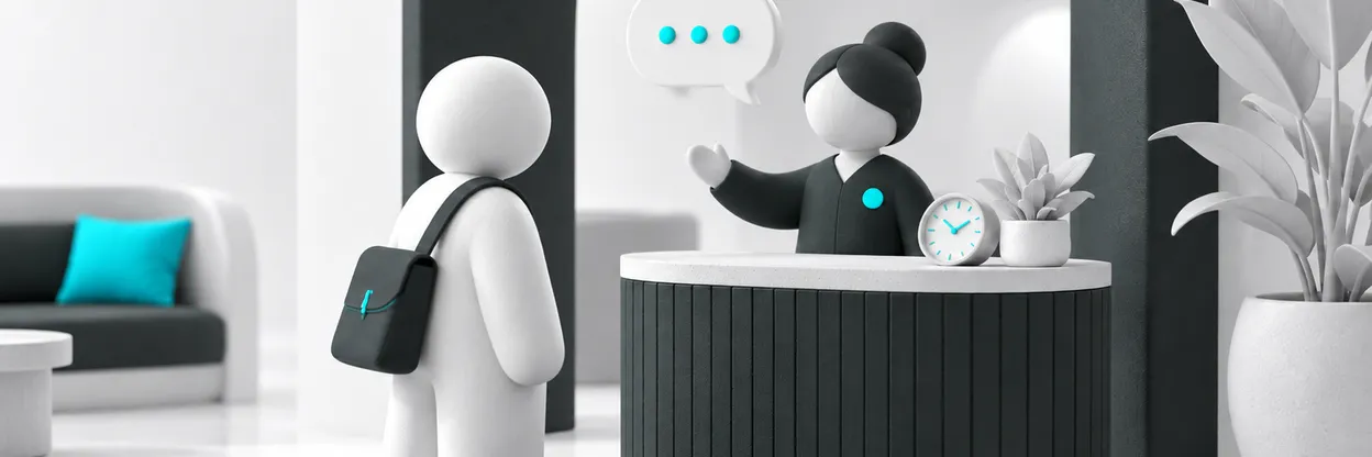 Entrada de atendimento com cliente, balão de conversa e relógio.