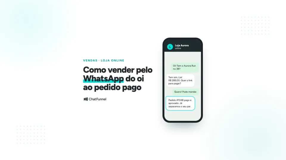 Celular com conversa de WhatsApp em que a cliente pergunta pelo tênis, recebe o link e o pedido #1048 é pago