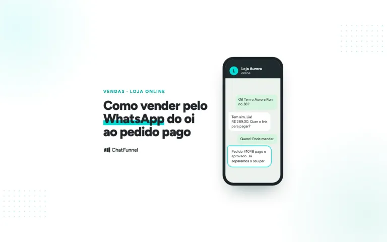 Celular com conversa de WhatsApp em que a cliente pergunta pelo tênis, recebe o link e o pedido #1048 é pago