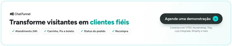Banner do ChatFunnel: transforme visitantes em clientes fiéis com IA para e-commerce. Agende uma demonstração