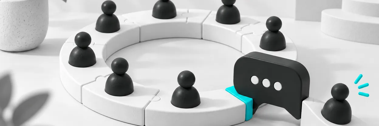 Balão de conversa conecta uma abertura no caminho circular de clientes.