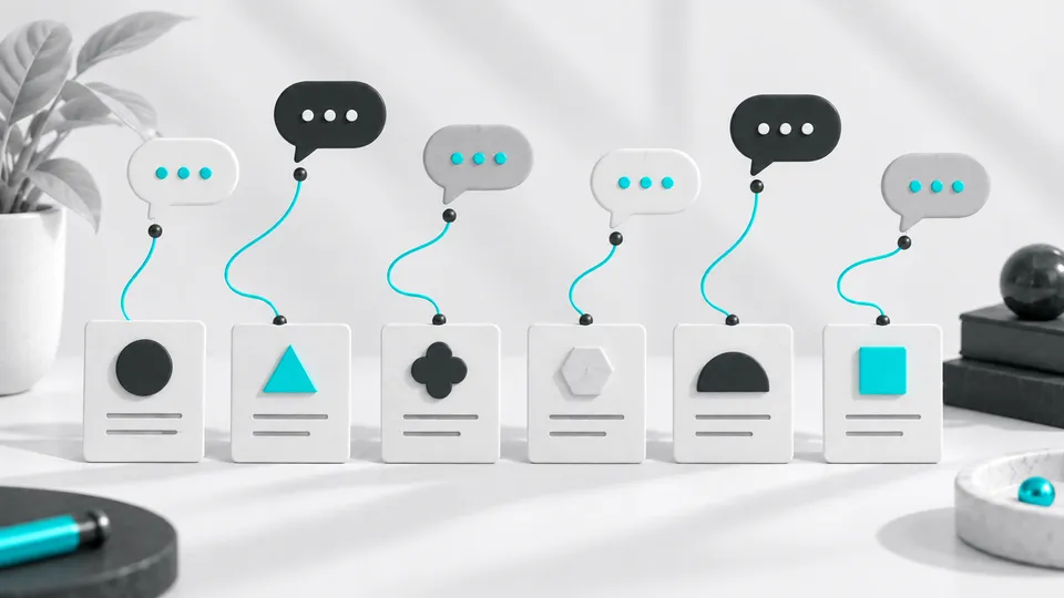 Fichas de clientes com símbolos diferentes ligadas a conversas individuais.