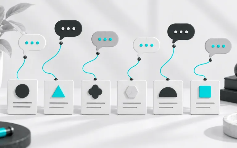 Fichas de clientes com símbolos diferentes ligadas a conversas individuais.