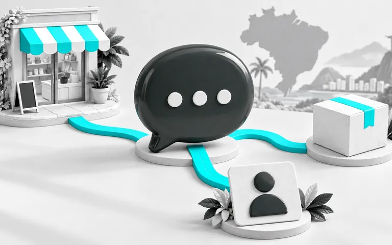 Balão de conversa conecta uma loja, uma encomenda e uma ficha de cliente.