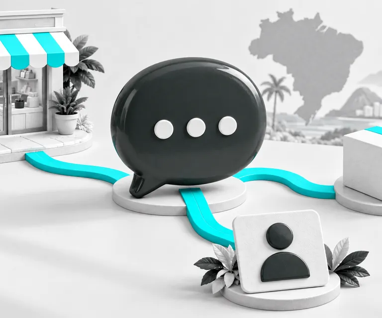 Balão de conversa conecta uma loja, uma encomenda e uma ficha de cliente.