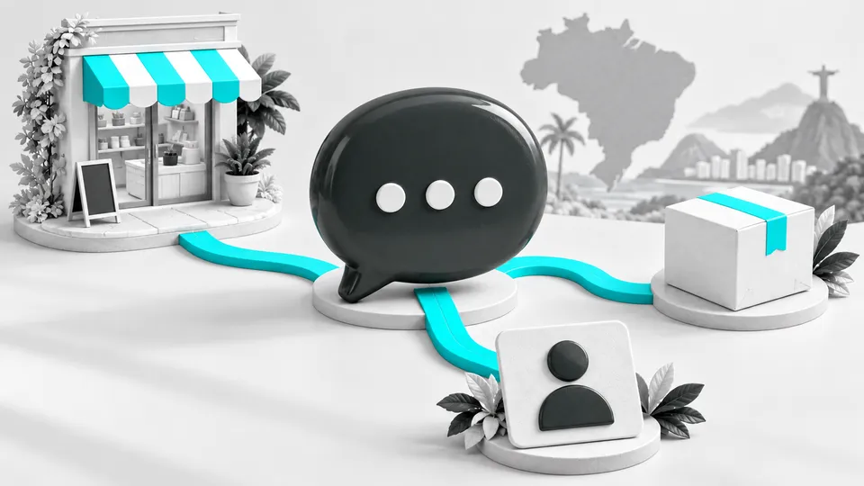 Balão de conversa conecta uma loja, uma encomenda e uma ficha de cliente.
