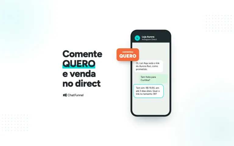 Celular com direct do Instagram em que a loja envia o link e responde o frete para quem comentou QUERO