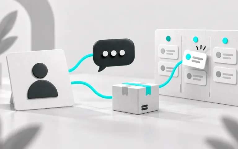 Conexões ciano ligam um contato a uma conversa, um pacote e cartões de um funil.