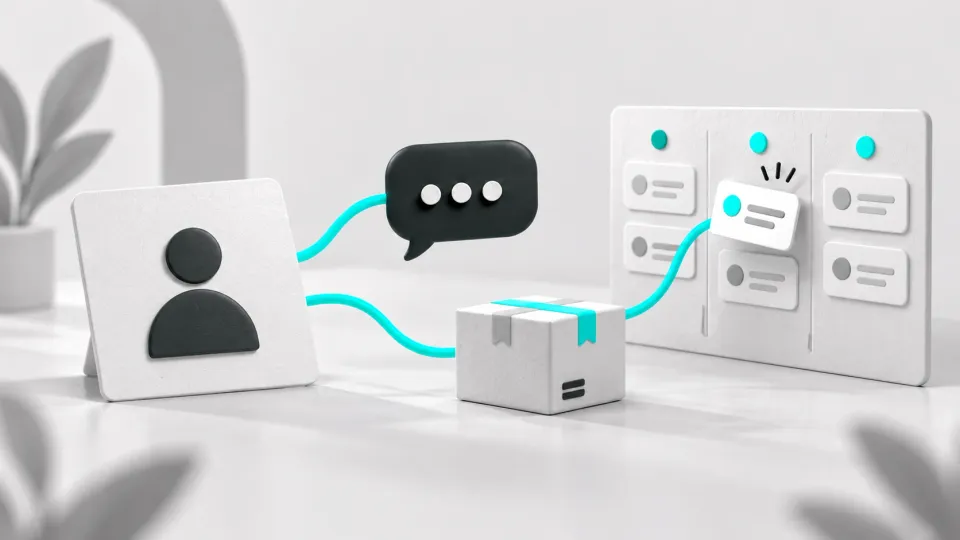 Conexões ciano ligam um contato a uma conversa, um pacote e cartões de um funil.