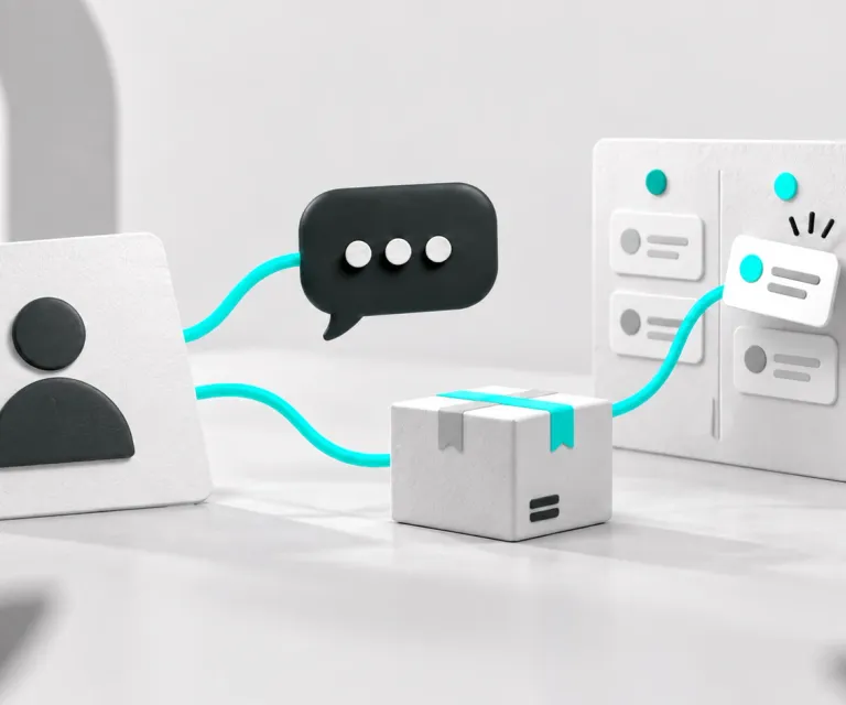 Conexões ciano ligam um contato a uma conversa, um pacote e cartões de um funil.