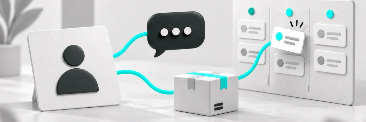 Conexões ciano ligam um contato a uma conversa, um pacote e cartões de um funil.